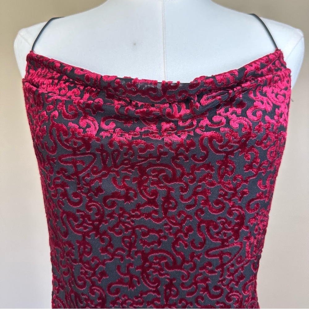 VTG 90s Y2k Velvet Burn Out Strappy Dress Women L Red Black Whimsigoth Bodycon - Picture 2 of 8